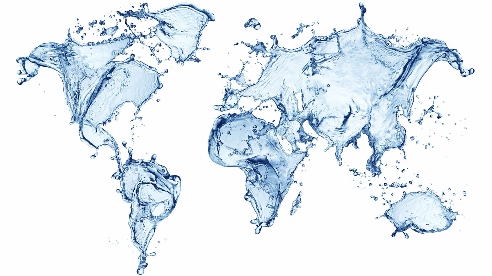 Stylized map of the world - white oceans and clear blue splashes of water for the land masses.